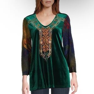 Calessa Embroidered Burnout Tie-Dye Sleeve Tunic Women’s XL Green Velvet Boho